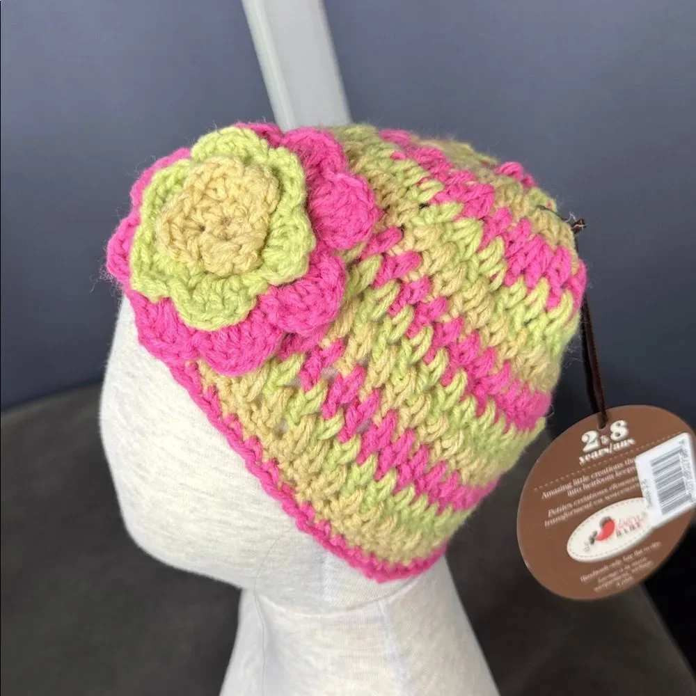 Daisy Baby Girls Crocheted Skull Hat Beanie Pink and Lime Green 2-8 years NEW